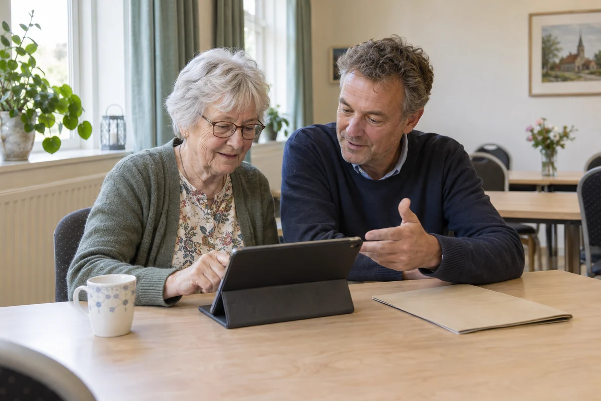 Een senior en een vrijwilliger bekijken samen een tablet